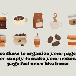 May include: A set of ten coffee-themed illustrations, including a coffee grinder, a cup of coffee, a bag of coffee beans, a coffee cup with steam, a to-go coffee cup, a bag of coffee beans, a coffee cup with a straw, three coffee beans, and two to-go coffee cups. The illustrations are in a cartoon style and are perfect for use in a digital planner or on a digital notebook.