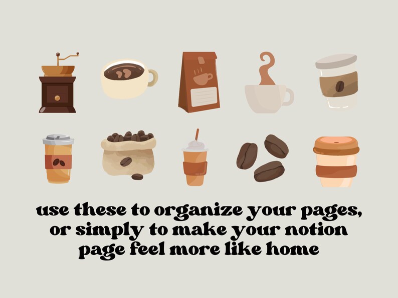 May include: A set of ten coffee-themed illustrations, including a coffee grinder, a cup of coffee, a bag of coffee beans, a coffee cup with steam, a to-go coffee cup, a bag of coffee beans, a coffee cup with a straw, three coffee beans, and two to-go coffee cups. The illustrations are in a cartoon style and are perfect for use in a digital planner or on a digital notebook.
