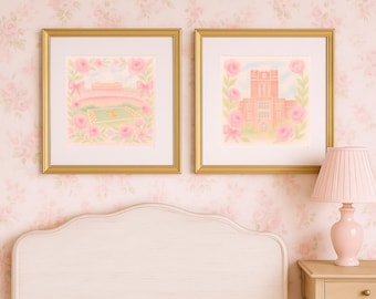 Tennessee Neyland Stadium & Ayers Hall Pink Watercolor Wall Art Set | UT Digital Download | LoveShack Style Pastel College Decor
