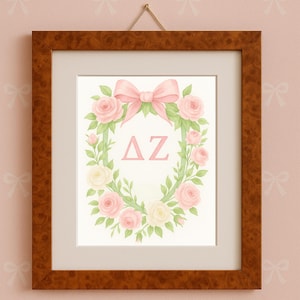 Delta Zeta Watercolor Floral Crest Digital Download | Sorority Greek Letters Wall Art | Pink Bow and Roses Shield | DZ Printable Art