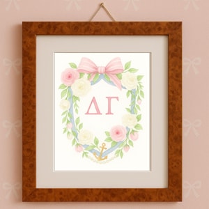 Delta Gamma Watercolor Floral Crest Digital Download | Sorority Greek Letters Wall Art | Pink Bow and Roses Shield | DG Printable Art
