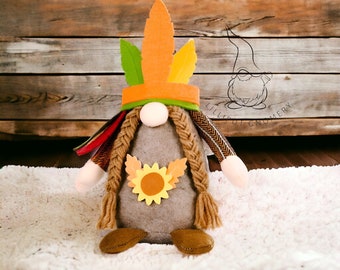 Native American Gnome, Fall Gnome, Gnome with Feather Hat, Gnome with Hat, Summer Gnome, Gonk, Home Decor.
