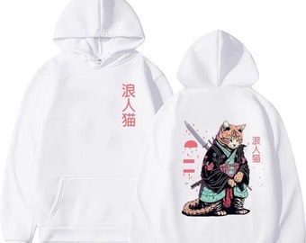 Cute samurai cat harajaku comfortable hoodie Dtf print cotton pullover kawai