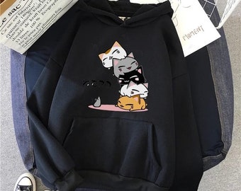 Cute cat stack harajaku comfortable hoodie Dtf print cotton pullover kawai couples japanese