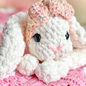MADE TO ORDER Crochet Bunny Lovey Snuggler: Ivory Plush with Coral Headband