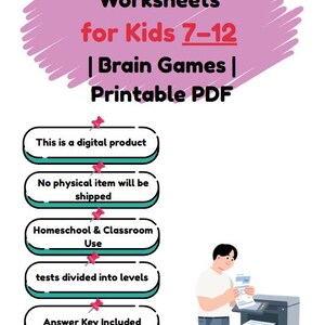 May include: A digital PDF worksheet for kids aged 7-12, featuring math multiplication problems and brain games. The image includes the text "Math Multiplication Worksheets for Kids 7-12 | Brain Games | Printable PDF."