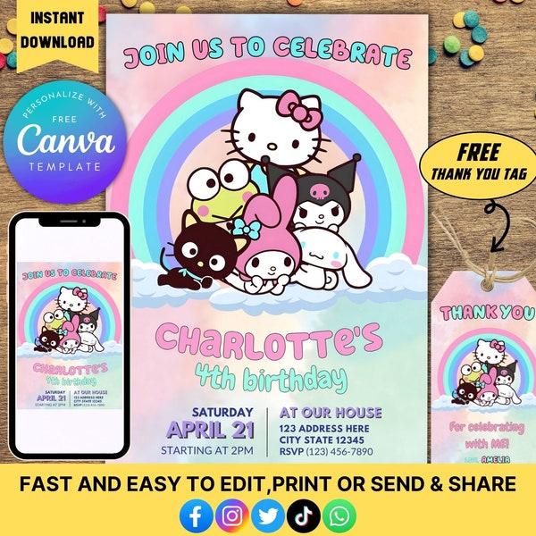 Editable Kawaii Kitty and Friends Birthday party Invitation Canva Template With Thank you tag | Digital Editable File | Cute Kawaii Invite