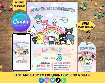 Editable Kawaii Kitty and Friends Birthday party Invitation Canva Template With Thank you tag | Digital Editable File | Cute Kawaii Invite