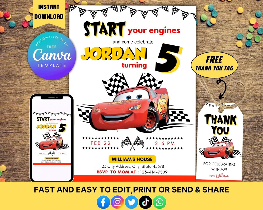 Editable Cars Birthday Party Invitation Template With Thank You Tag ...