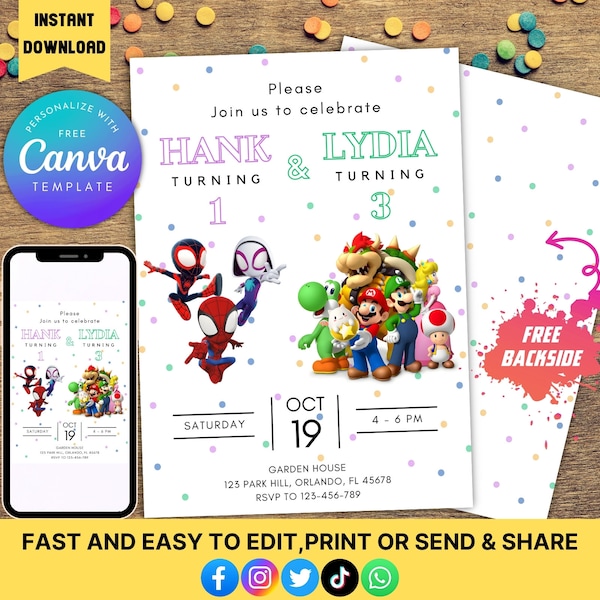 editable two themes sibling birthday invitation digital template with backside Joint Birthday double Party invite combo birthday invite
