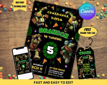 Ninja Turtle Birthday Party Invitation Template with Thank You Tags | Editable Printable Party Invitations | Digital Kids Invites |