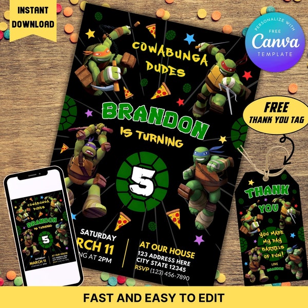 Ninja Turtle Birthday Party Invitation Template with Thank You Tags | Editable Printable Party Invitations | Digital Kids Invites |