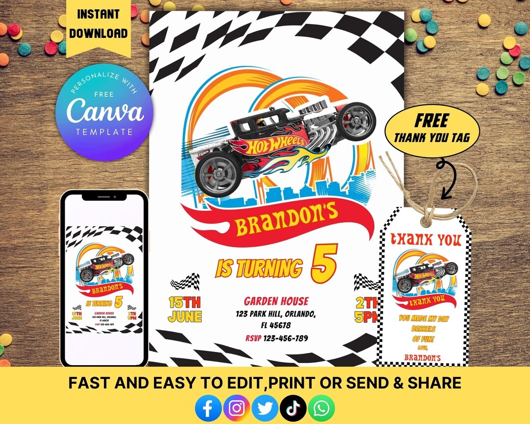 Editable Cars Birthday Party Invitation Template With Thank You Tag ...