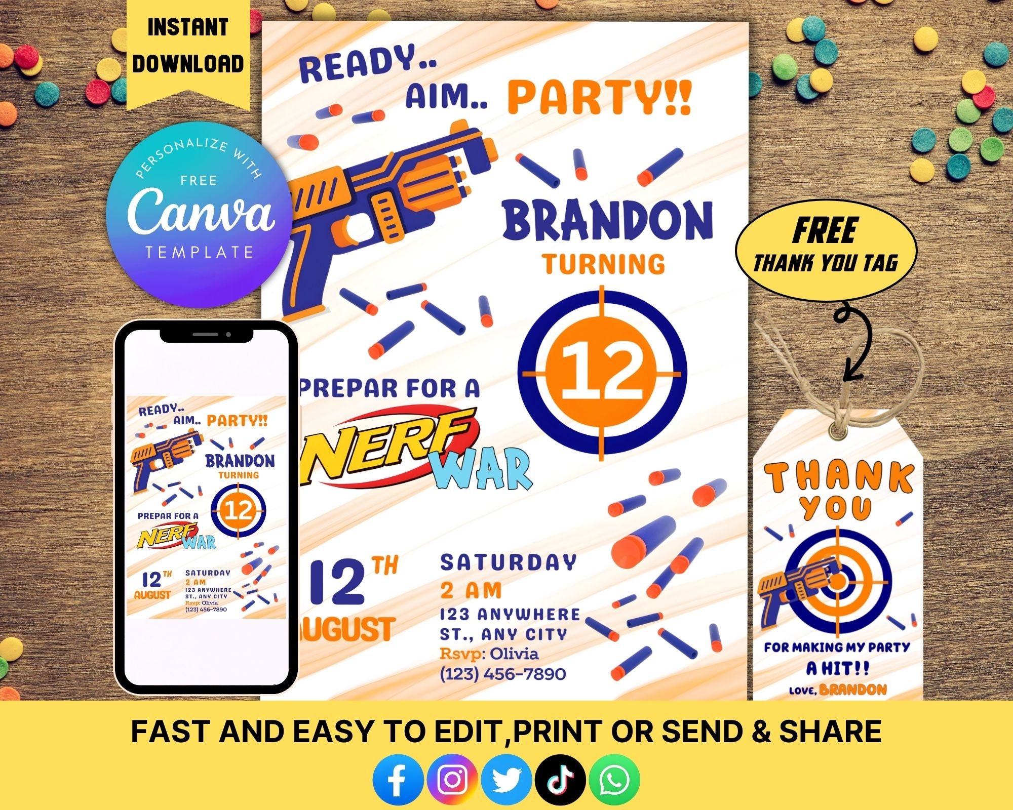 Editable Nerf Birthday Party Invitation Canva Template With Thank You ...