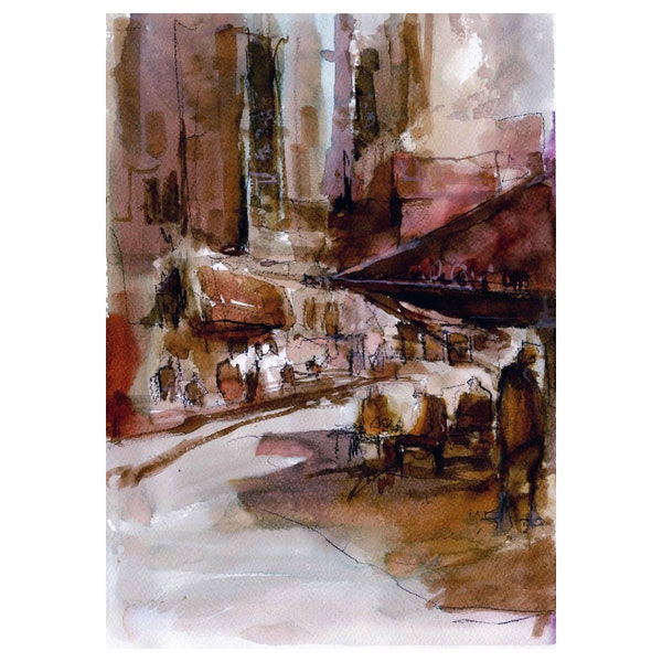 Urban Sketch from Outdoor Café, Downtown Life A4 Watercolor Sketched, Cultural Gift for City Dwellers, Busy Coffee Shop Scene for Download