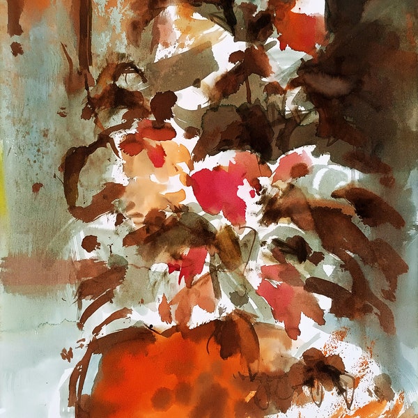 Floral Watercolor for Print, Hand-Painted Orange Vase, Warm Hues Abstracted Wash, Red Abounds Illustrated Gift for Her, Vivacious Feeling
