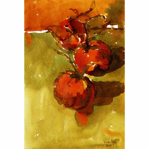 Tomatoes Watercolor, Red Fruits Watercolors, A4 size Tomato Illustration, Hand-painted Juicy tomatoey Painting