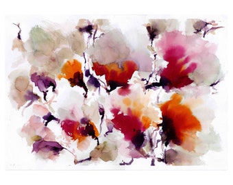 Abstract aquarelle of flowers, A3, Floral watercolor painting, Modern decor, Warm colors illustration, Feminine wall art