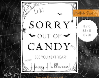 Letrero de Halloween para imprimir: "No me quedan dulces", letrero de "truco o trato", letrero de Halloween para el porche, letrero con tazón de dulces, letrero de Halloween para la puerta