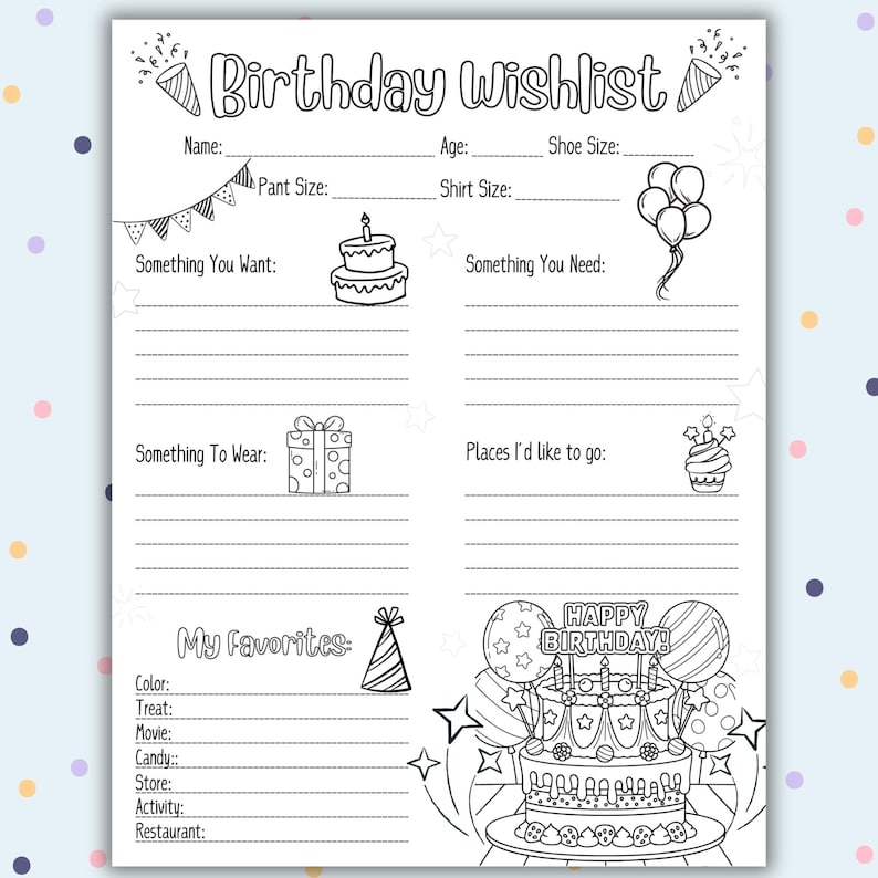 Kids Birthday Coloring Wishlist, Birthday Wishlist, Gift Wishlist - Etsy