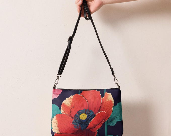 Featured listing image: Japanese Poppy Crossbody Bag Colourful Statement Bag, Faux Leather Adjustable Strap