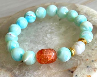 Shell Bead Bracelet, Blue Dyed and Freshwater Pearl Stretch Jewelry