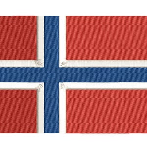 May include: Embroidered Norwegian flag with a white border. The flag features a blue cross with white trim on a red background. The design is a symbol of Norway's national identity and heritage.