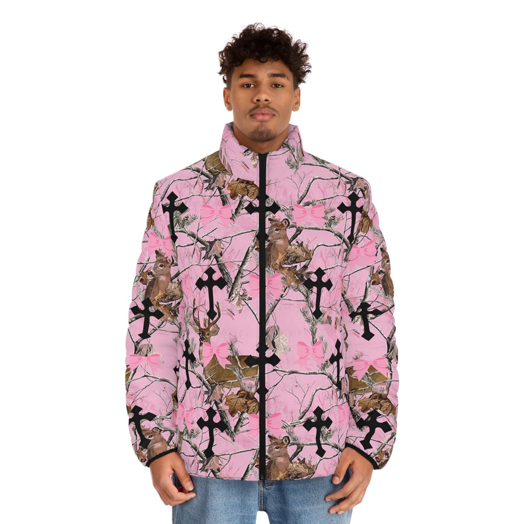Pink Camouflage Puffer Jacket, Pink Bow Jacket, Mens Camo, Camo