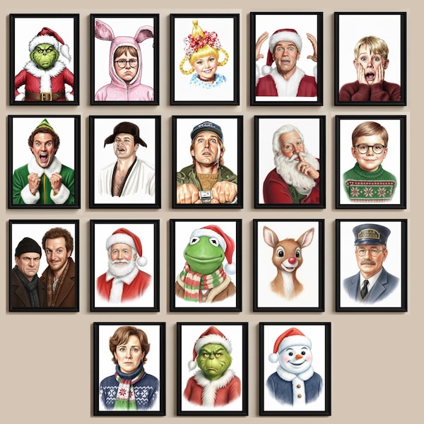 50+ portretten kerstfilm kunst aan de muur | Afdrukbare vakantieposters uit de jaren 90 | Zwart-wit en gekleurde versies | Digitale download