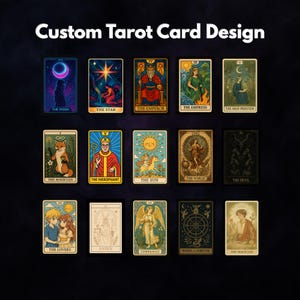 Könnte beinhalten: Eine Sammlung von individuellen Tarotkarten-Designs, jeweils mit einzigartigen Illustrationen und Titeln. Die Karten zeigen verschiedene Themen, darunter Der Mond, Der Stern, Der Kaiser, Die Kaiserin, Die Hohepriesterin, Der Magier, Der Hierophant, Die Sonne, Die Welt, Der Teufel, Die Liebenden, Gerechtigkeit, Mäßigkeit und Rad des Schicksals.