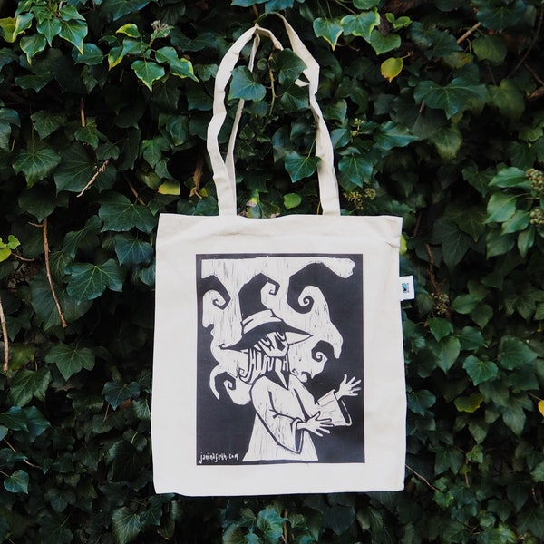 Witch Print Cotton Tote Bag Long Handles Fairtrade