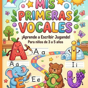 Könnte beinhalten: Ein farbenfrohes Kinderbuch mit dem Titel "MIS PRIMERAS VOCALES" mit Illustrationen der Vokale. Das Cover zeigt einen Regenbogen, eine Sonne und Sterne. Im Inneren lehrt das Buch das Alphabet mit niedlichen Tierfiguren und dem Text "¡Aprende a Escribir Jugando! Para niños de 3 a 5 años."