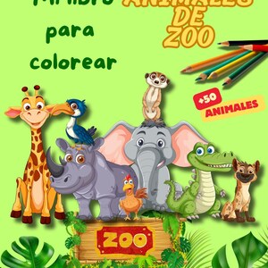 Puede incluir: Un libro para colorear para niños titulado "Mi libro para colorear Animales de Zoo" con ilustraciones de animales de zoológico como una jirafa, un rinoceronte y un cocodrilo. Incluye una pegatina "+50 animales" y lápices de colores sobre un fondo verde.