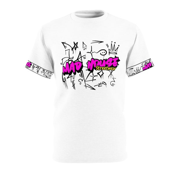 MadHouse Urban Graffiti T-Shirt, Street Culture Inspired White Tee, Unisex Bold Graphic Shirt"