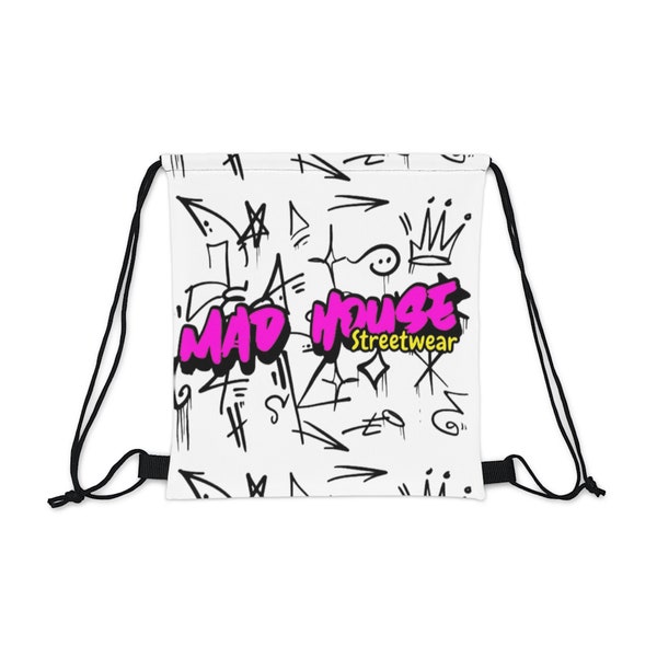 Mad House Streetwear Kordelzugtasche, Urban Art inspirierter Turnbeutel, robuster Rucksack im Graffiti-Stil