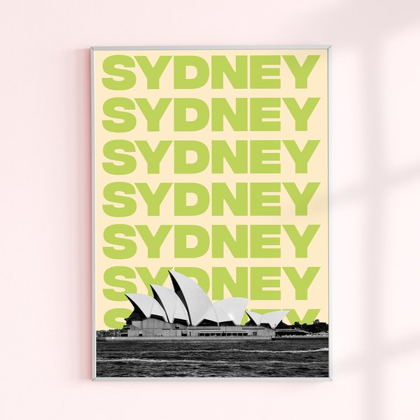 Sydney, Digital print, Australia poster, Sydney opera house, Green letters, Modern art, Grey photography, Home decoration, Gift ideas,
