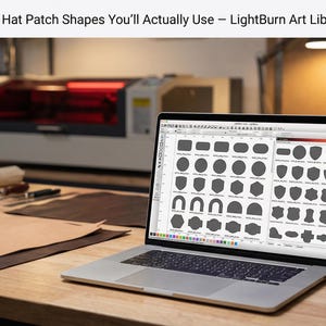 May include: A laptop displays a design library of 66+ hat patch shapes. The screen shows various patch outlines in gray, including circles, ovals, shields, and more. The laptop sits on a wooden desk with leather and tools in the background.