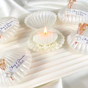 Handmade Ocean Theme Beach Wedding Pearl and Sea Shell Candle Favors for Guests, Pearl Candle Favor Decorated with Flower, Thank You Gifts