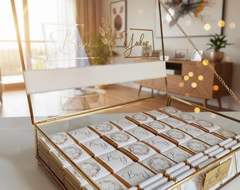 Customized Gold Chocolate Wedding Favors, Gold Glass Box Chocolate, Chocolate For Guests, Engagement Chocolate, Wedding Chocolate