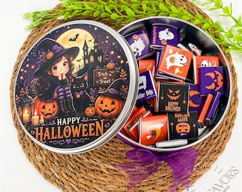 Silver Halloween Chocolate Tin, Trick or Treat Party Favor, Spooky Candy Gift Box