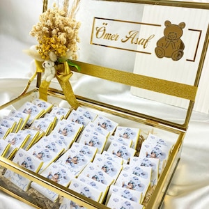Babypartybevorzugungen Pralinenschachtel, Glasbox Schokolade, Schokolade für Gäste, Verlobungsschokolade, Hochzeitsschokolade, Schokolade nach Maß