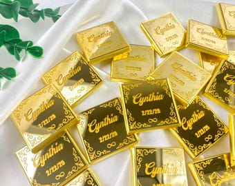 Mirror Gold Plexiglass Chocolate Favors, Wedding Favors For Guests, Engagement Chocolate, Madeleine Chocolate, Customized Chocolate