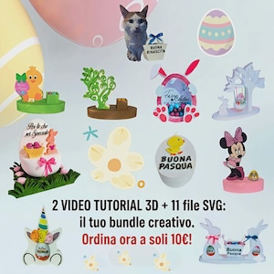 May include: An assortment of Easter decorations and cutouts, including an egg, a chick, a bunny, and a Minnie Mouse figure. The image also features text in Italian, advertising a creative bundle with video tutorials and SVG files.