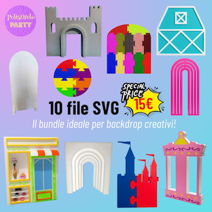 Può includere: Una collezione di file SVG colorati per sfondi creativi. Include un castello grigio, un fienile blu, un arco rosa e una facciata di negozio. Il testo recita "10 file SVG" e "SPECIAL PRICE 15€".