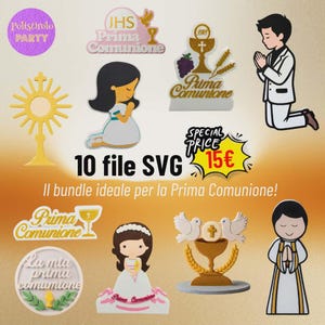 May include: A collection of SVG files with religious themes, including images of a chalice, praying figures, and the text "Prima Comunione." The image also includes the text "10 file SVG" and "SPECIAL PRICE 15€."