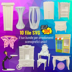 May include: A set of 10 white SVG files for creating miniature furniture for dollhouses or model making. The set includes a variety of furniture pieces, such as a dresser, a vanity, a wardrobe, a shop counter, and a table. The image also includes a butterfly, a waiter, and a sign that says "Cingia".