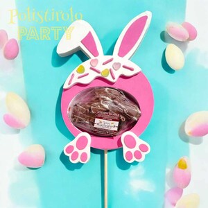 Könnte beinhalten: Rosaer Hasen-förmiger Oster-Eierhalter mit einer Schokoladentafel im Inneren. Der Halter hat eine weiße Oberseite mit rosa Streuseln und einen Stiel zum Aufstellen. Die Schokoladentafel hat ein Etikett mit der Aufschrift "Acquisto Solidale" und "Dolciere".