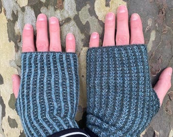 Blue Lambswool Merino Fingerless Gloves: Double-Sided Knit Arm Warmers