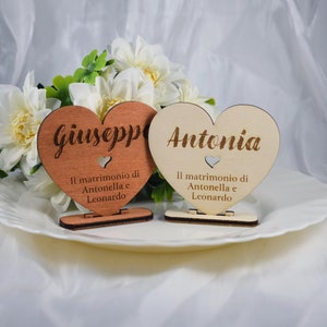 Marque-place en forme de coeur, mariage, personnalisé, nom d'invité, événement, baptême, communion, table, fête, gravure laser CO2