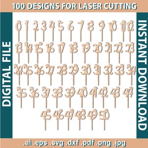 Download File Digitale 100 Design per Taglio Laser CNC Topper Torta Compleanno Occasioni Speciali Numeri da 0 a 100, Formati Svg Png Jpg Eps